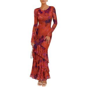Women's Fall Floral Maxi Dress Orange